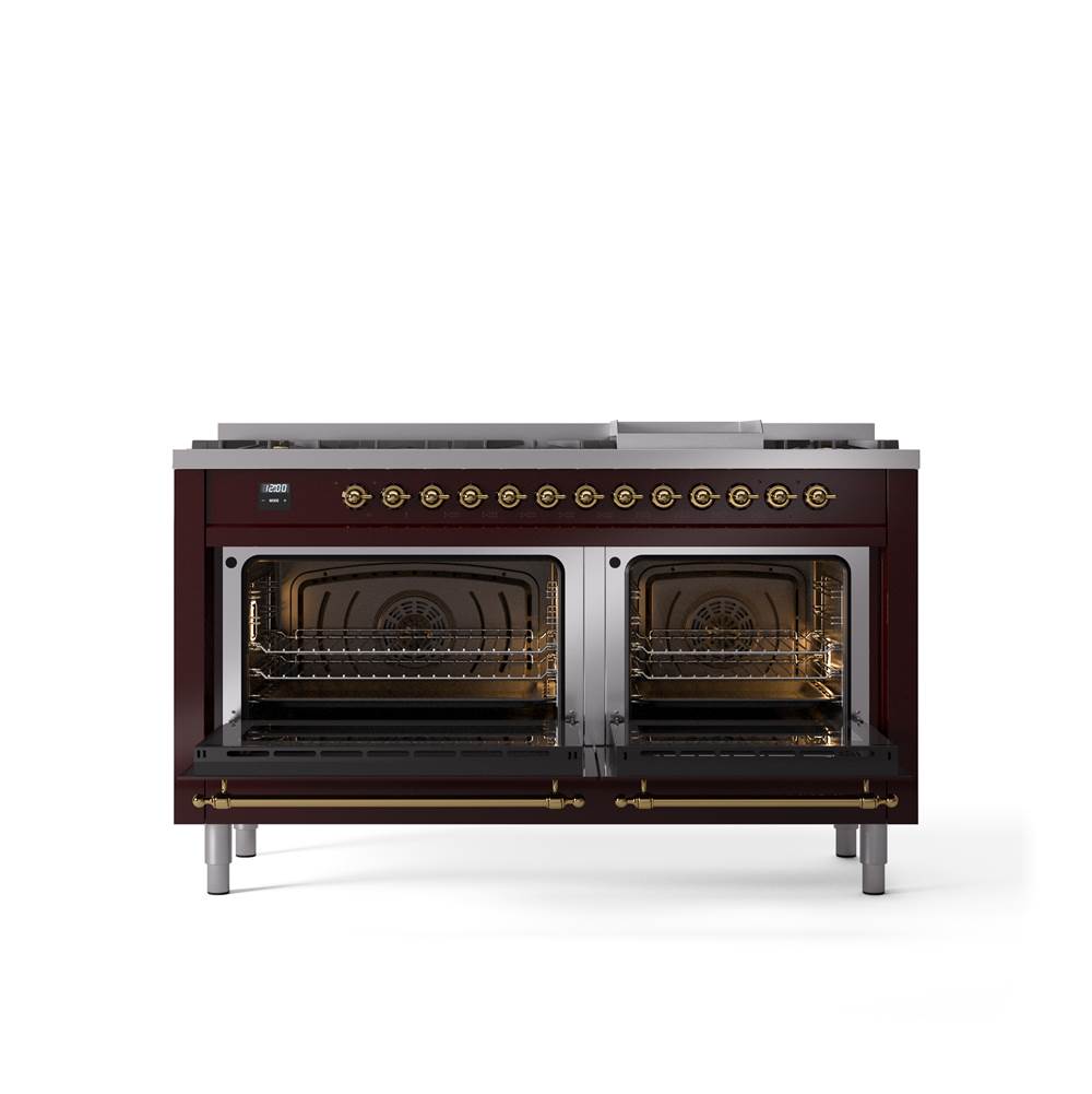 60'' Nostalgie II Series Freestanding Dual Fuel Range - Double Oven - Burgundy - Bronze trim - Griddle - Natural Gas