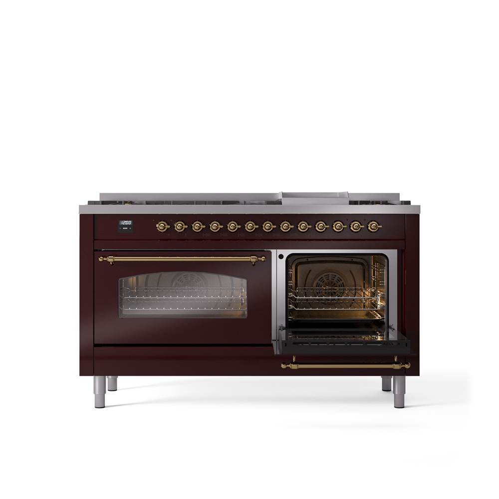 60'' Nostalgie II Series Freestanding Dual Fuel Range - Double Oven - Burgundy - Bronze trim - Griddle - Natural Gas