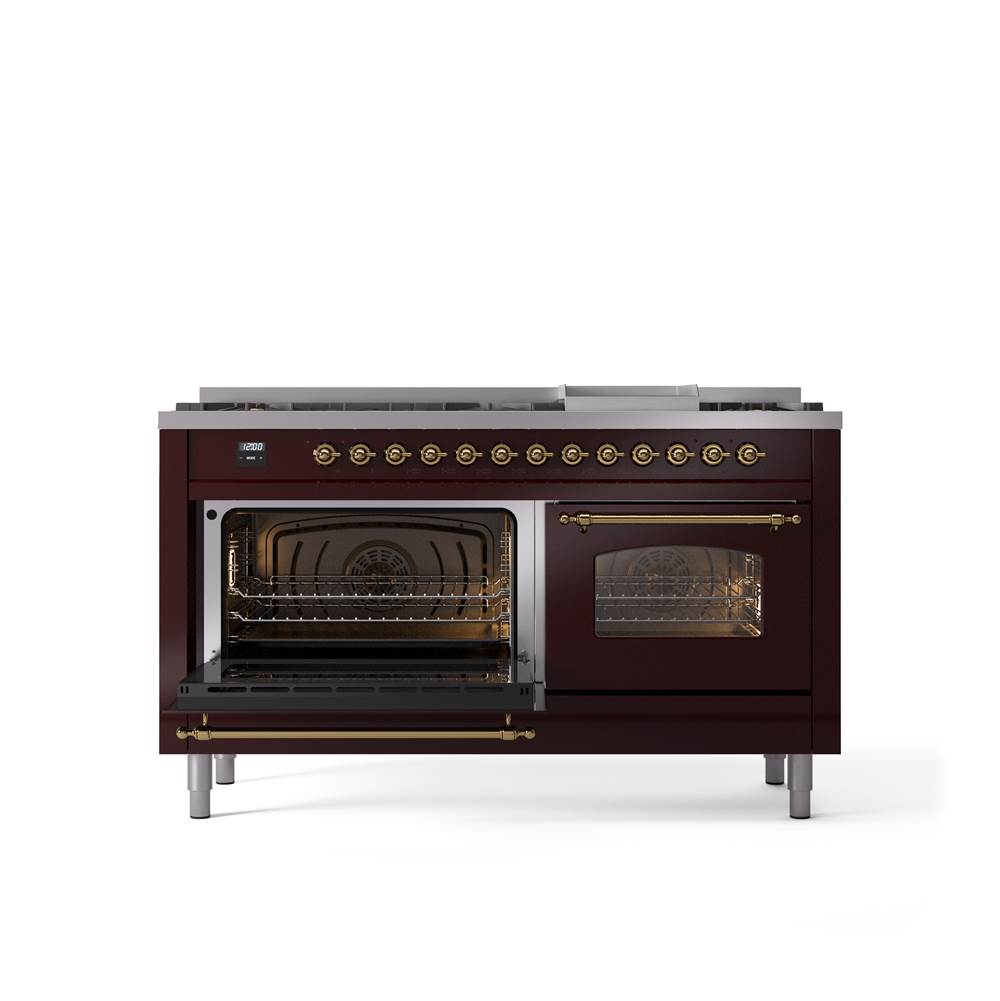 60'' Nostalgie II Series Freestanding Dual Fuel Range - Double Oven - Burgundy - Bronze trim - Griddle - Natural Gas