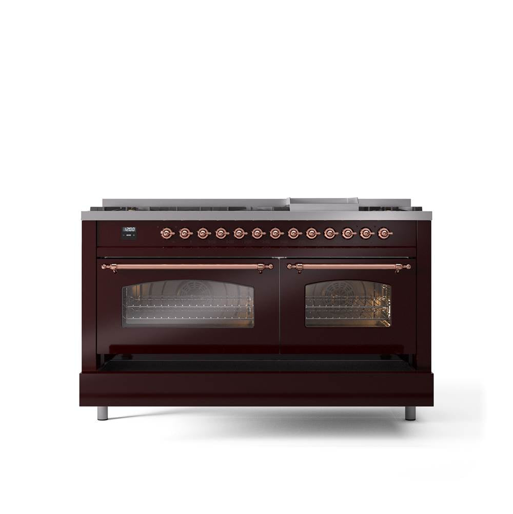 60'' Nostalgie II Series Freestanding Dual Fuel Range - Double Oven - Burgundy - Copper trim - Griddle - Natural Gas