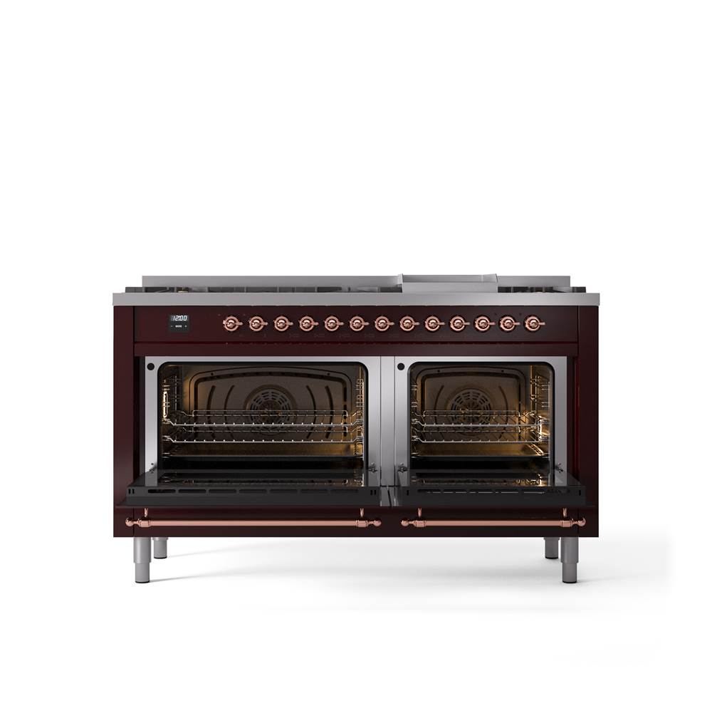 60'' Nostalgie II Series Freestanding Dual Fuel Range - Double Oven - Burgundy - Copper trim - Griddle - Natural Gas