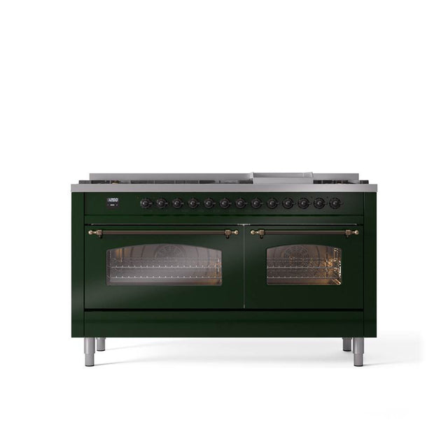 ILVE - 60'' Nostalgie II Series Freestanding Dual Fuel Range - Double Oven - Emerald Green - Bronze trim - Griddle - Natural Gas - Bronze