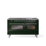 ILVE - 60'' Nostalgie II Series Freestanding Dual Fuel Range - Double Oven - Emerald Green - Chrome trim - Griddle - Natural Gas - Chrome