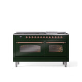 ILVE - 60'' Nostalgie II Series Freestanding Dual Fuel Range - Double Oven - Emerald Green - Copper trim - Griddle - Natural Gas - Copper