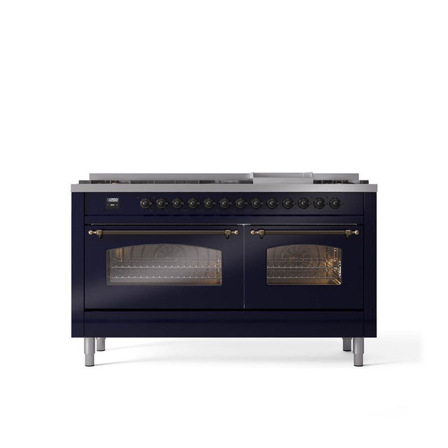 ILVE - 60'' Nostalgie II Series Freestanding Dual Fuel Range - Double Oven - Midnight Blue - Bronze trim - Griddle - Natural Gas - Bronze