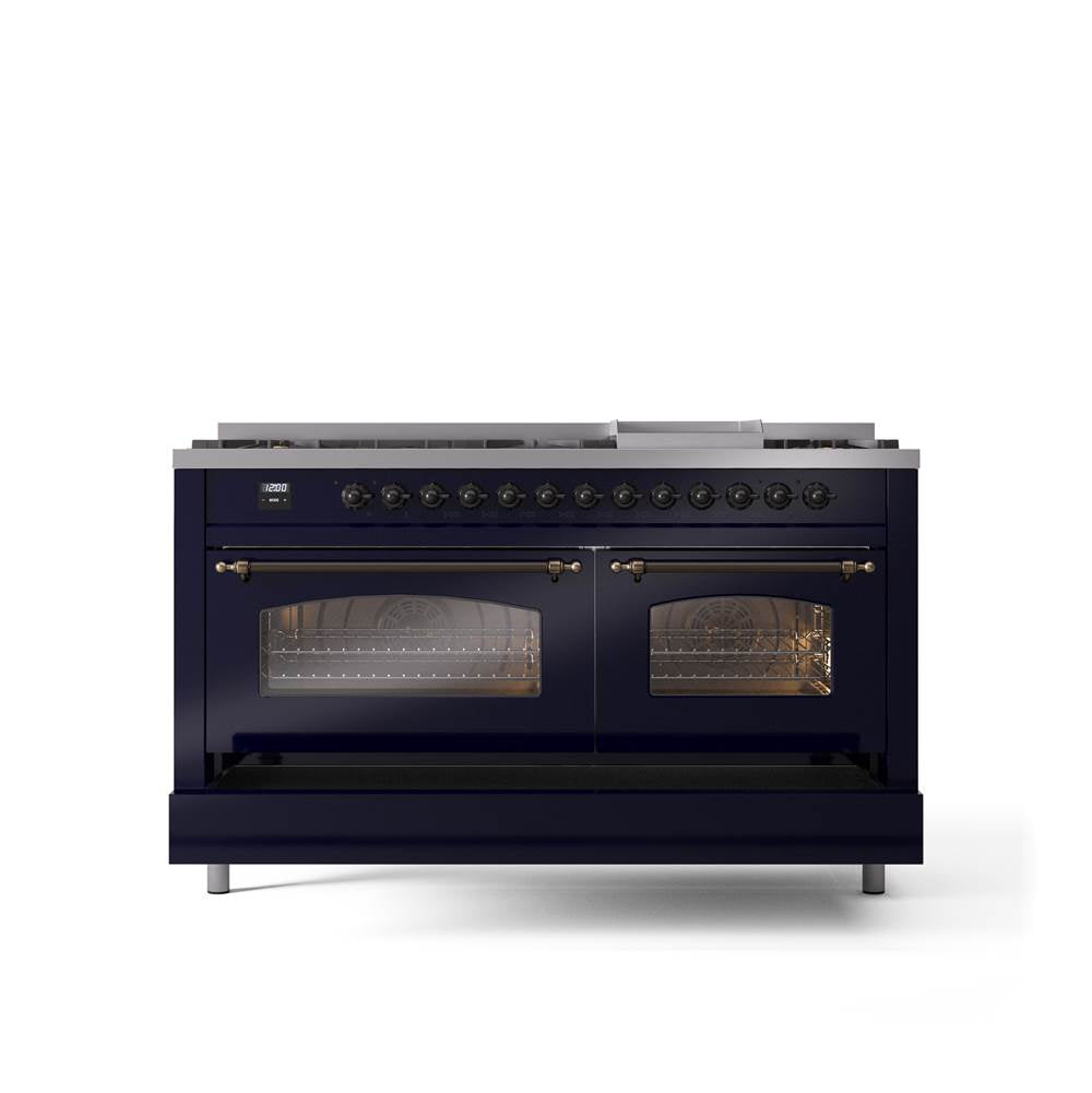 60'' Nostalgie II Series Freestanding Dual Fuel Range - Double Oven - Midnight Blue - Bronze trim - Griddle - Natural Gas