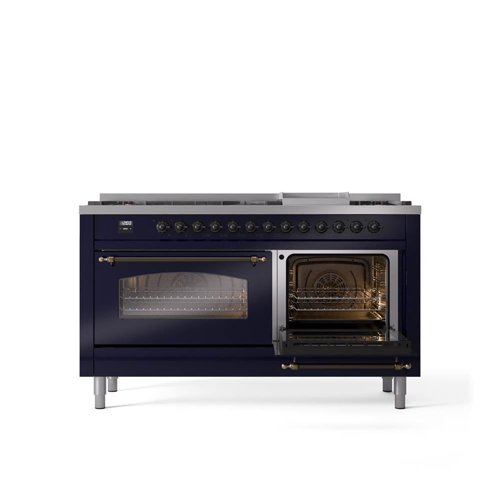 60'' Nostalgie II Series Freestanding Dual Fuel Range - Double Oven - Midnight Blue - Bronze trim - Griddle - Natural Gas