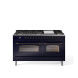60'' Nostalgie II Series Freestanding Dual Fuel Range - Double Oven - Midnight Blue - Bronze trim - Griddle - Natural Gas