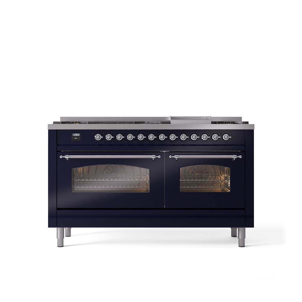 ILVE - 60'' Nostalgie II Series Freestanding Dual Fuel Range - Double Oven - Midnight Blue - Chrome trim - Griddle - Natural Gas - Chrome