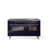 ILVE - 60'' Nostalgie II Series Freestanding Dual Fuel Range - Double Oven - Midnight Blue - Chrome trim - Griddle - Natural Gas - Chrome