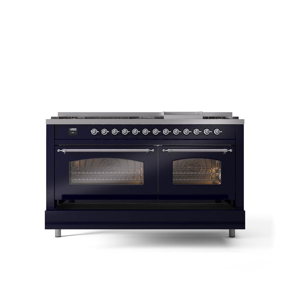 60'' Nostalgie II Series Freestanding Dual Fuel Range - Double Oven - Midnight Blue - Bronze trim - Griddle - Natural Gas