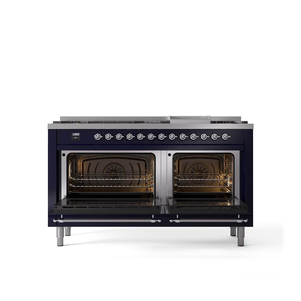 60'' Nostalgie II Series Freestanding Dual Fuel Range - Double Oven - Midnight Blue - Bronze trim - Griddle - Natural Gas