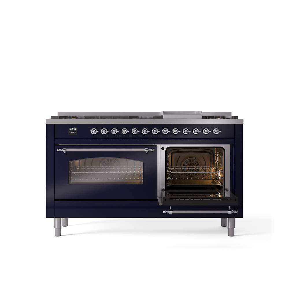 60'' Nostalgie II Series Freestanding Dual Fuel Range - Double Oven - Midnight Blue - Bronze trim - Griddle - Natural Gas