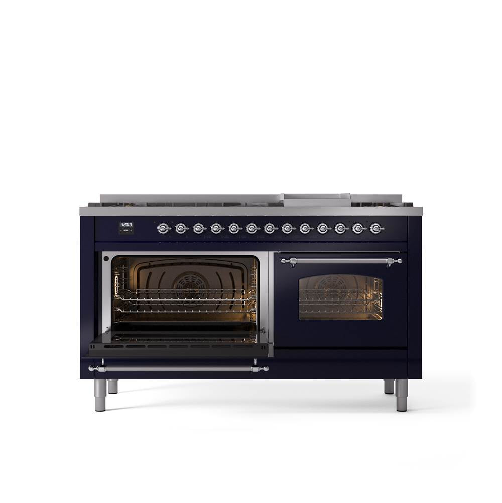 60'' Nostalgie II Series Freestanding Dual Fuel Range - Double Oven - Midnight Blue - Bronze trim - Griddle - Natural Gas