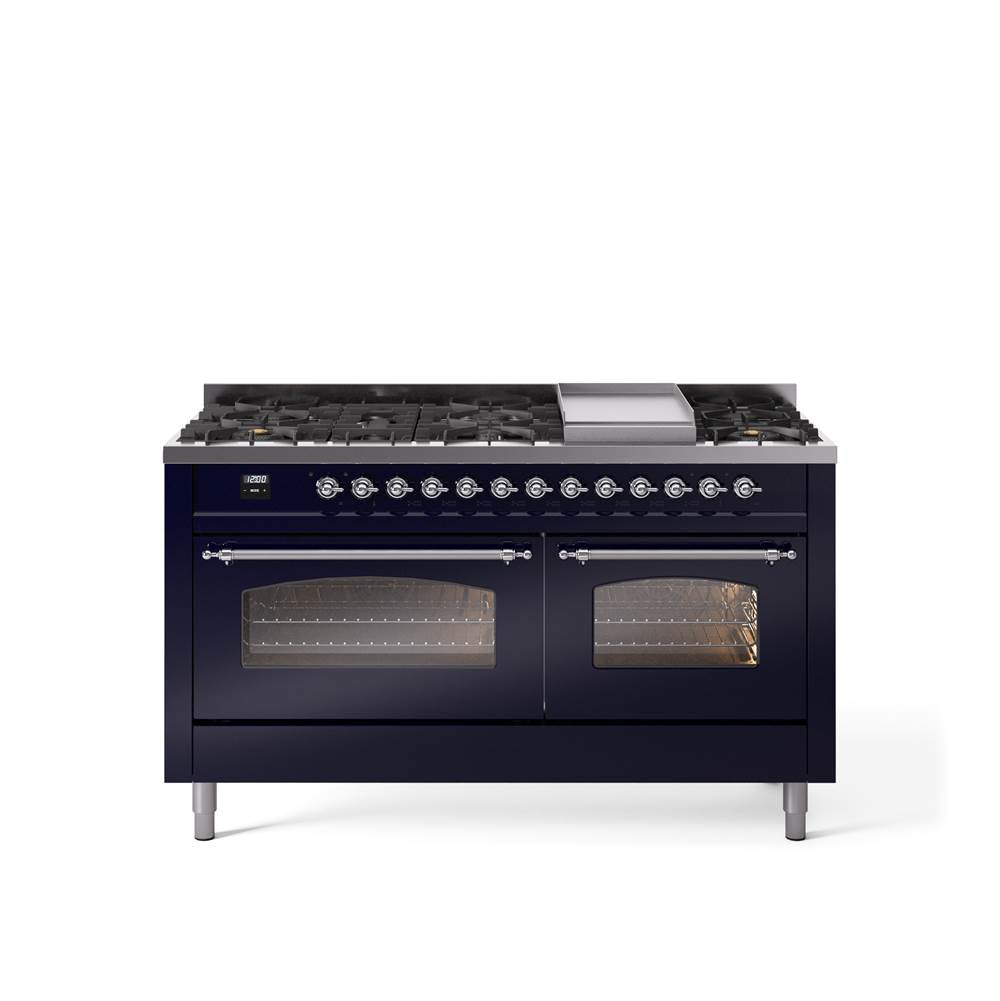 60'' Nostalgie II Series Freestanding Dual Fuel Range - Double Oven - Midnight Blue - Bronze trim - Griddle - Natural Gas