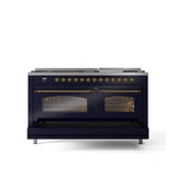 60'' Nostalgie II Series Freestanding Dual Fuel Range - Double Oven - Midnight Blue - Bronze trim - Griddle - Natural Gas