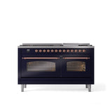 ILVE - 60'' Nostalgie II Series Freestanding Dual Fuel Range - Double Oven - Midnight Blue - Copper trim - Griddle - Natural Gas - Copper