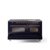 60'' Nostalgie II Series Freestanding Dual Fuel Range - Double Oven - Midnight Blue - Bronze trim - Griddle - Natural Gas
