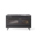 ILVE - 60'' Nostalgie II Series Freestanding Dual Fuel Range - Double Oven - Matte Graphite - Bronze trim - Griddle - Natural Gas - Bronze