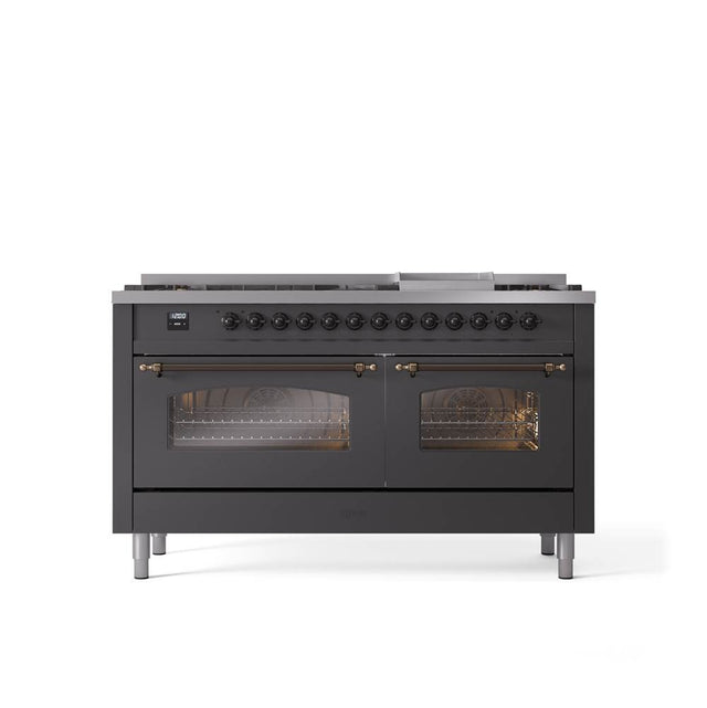 ILVE - 60'' Nostalgie II Series Freestanding Dual Fuel Range - Double Oven - Matte Graphite - Bronze trim - Griddle - Natural Gas - Bronze
