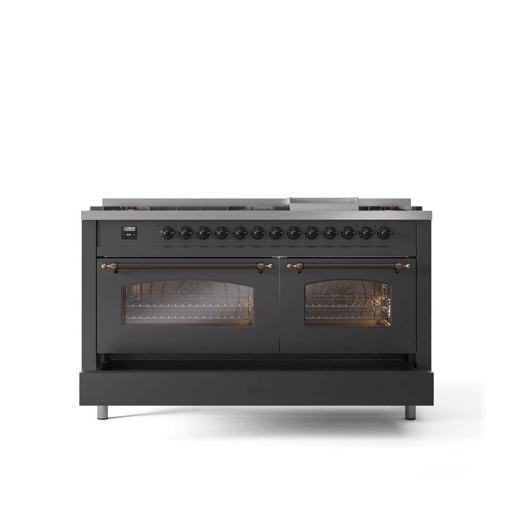 60'' Nostalgie II Series Freestanding Dual Fuel Range - Double Oven - Matte Graphite - Bronze trim - Griddle - Natural Gas