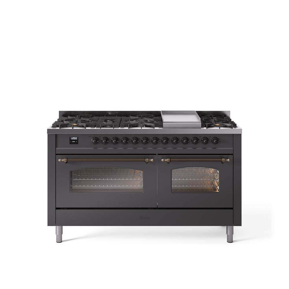 60'' Nostalgie II Series Freestanding Dual Fuel Range - Double Oven - Matte Graphite - Bronze trim - Griddle - Natural Gas