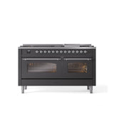 ILVE - 60'' Nostalgie II Series Freestanding Dual Fuel Range - Double Oven - Matte Graphite - Chrome trim - Griddle - Natural Gas - Chrome