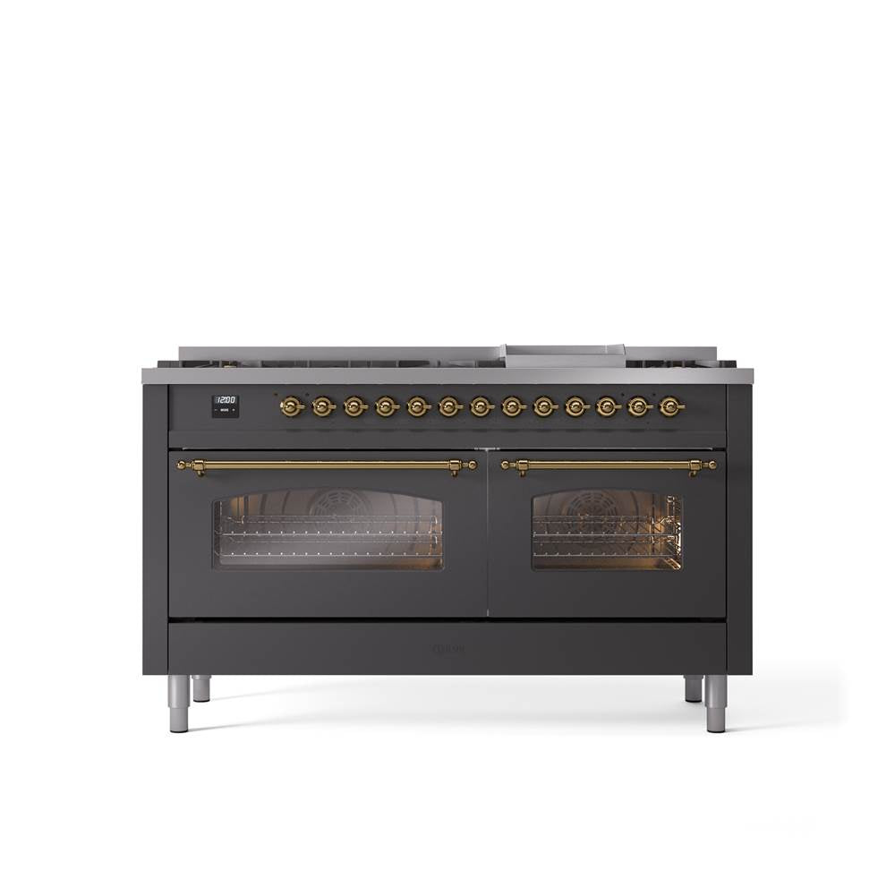 ILVE - 60'' Nostalgie II Series Freestanding Dual Fuel Range - Double Oven - Matte Graphite - Brass trim - Griddle - Natural Gas - Brass