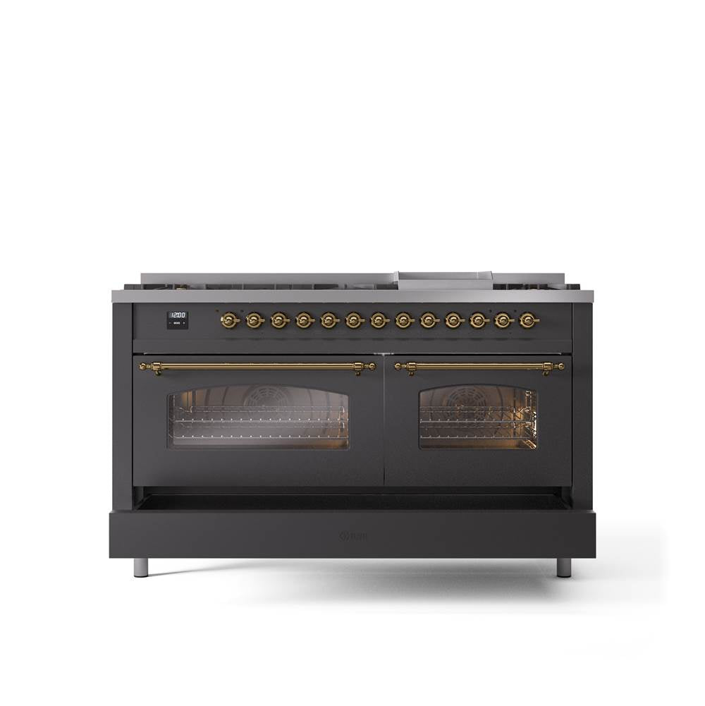 60'' Nostalgie II Series Freestanding Dual Fuel Range - Double Oven - Matte Graphite - Bronze trim - Griddle - Natural Gas
