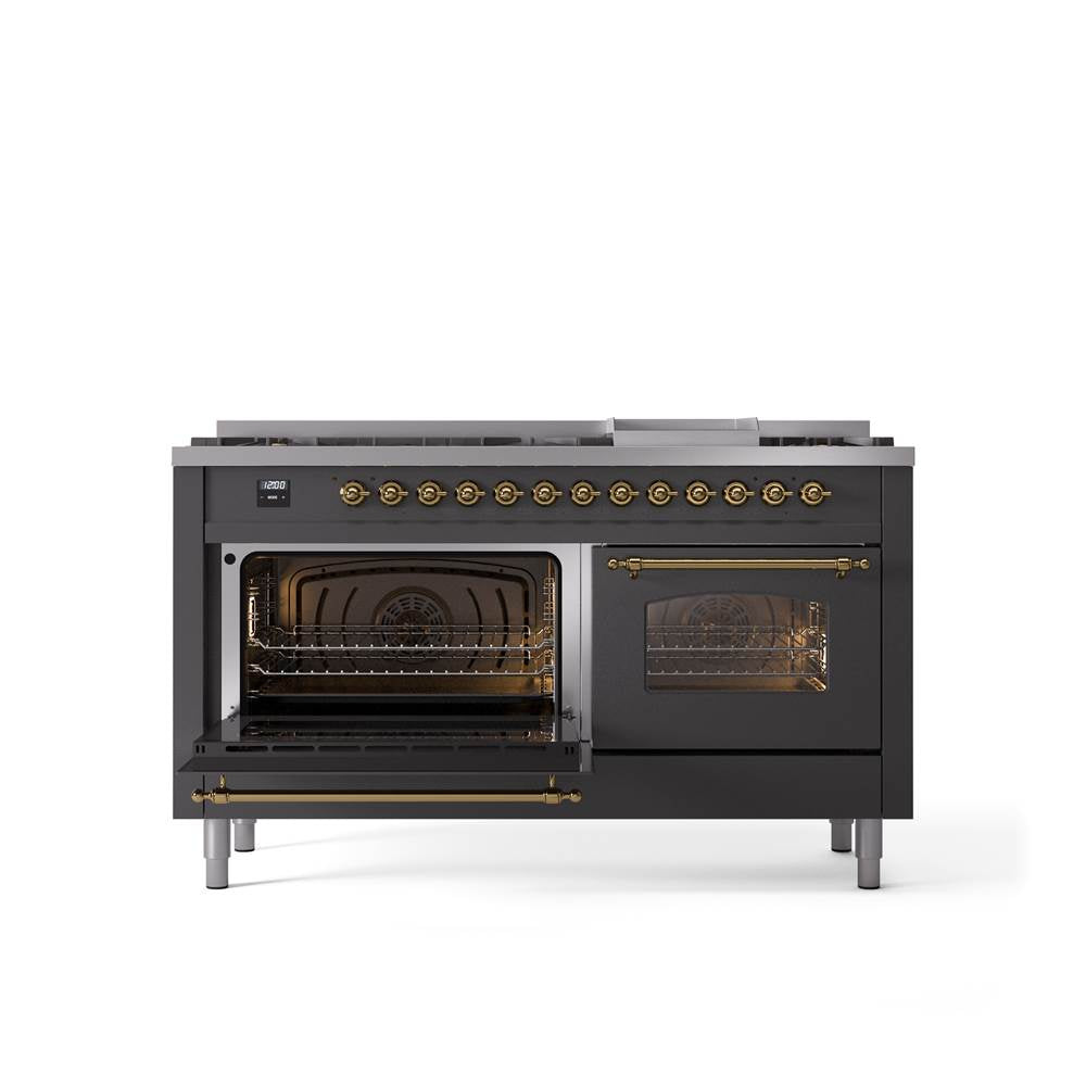 60'' Nostalgie II Series Freestanding Dual Fuel Range - Double Oven - Matte Graphite - Bronze trim - Griddle - Natural Gas