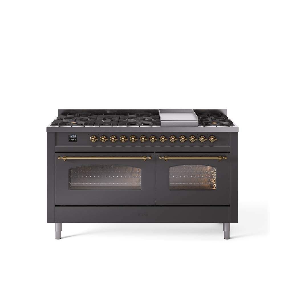 60'' Nostalgie II Series Freestanding Dual Fuel Range - Double Oven - Matte Graphite - Bronze trim - Griddle - Natural Gas