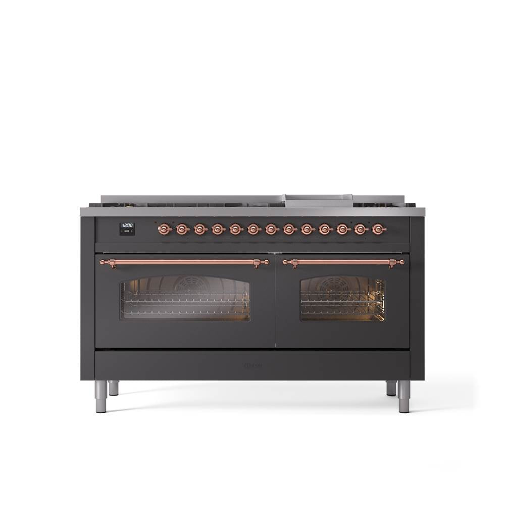 ILVE - 60'' Nostalgie II Series Freestanding Dual Fuel Range - Double Oven - Matte Graphite - Copper trim - Griddle - Natural Gas - Copper