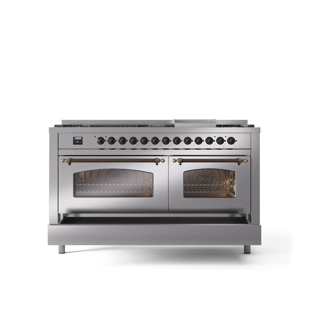 60'' Nostalgie II Series Freestanding Dual Fuel Range - Double Oven - Stainless Steel - Bronze trim - Griddle - Natural Gas