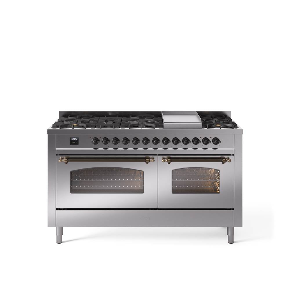 60'' Nostalgie II Series Freestanding Dual Fuel Range - Double Oven - Stainless Steel - Bronze trim - Griddle - Natural Gas