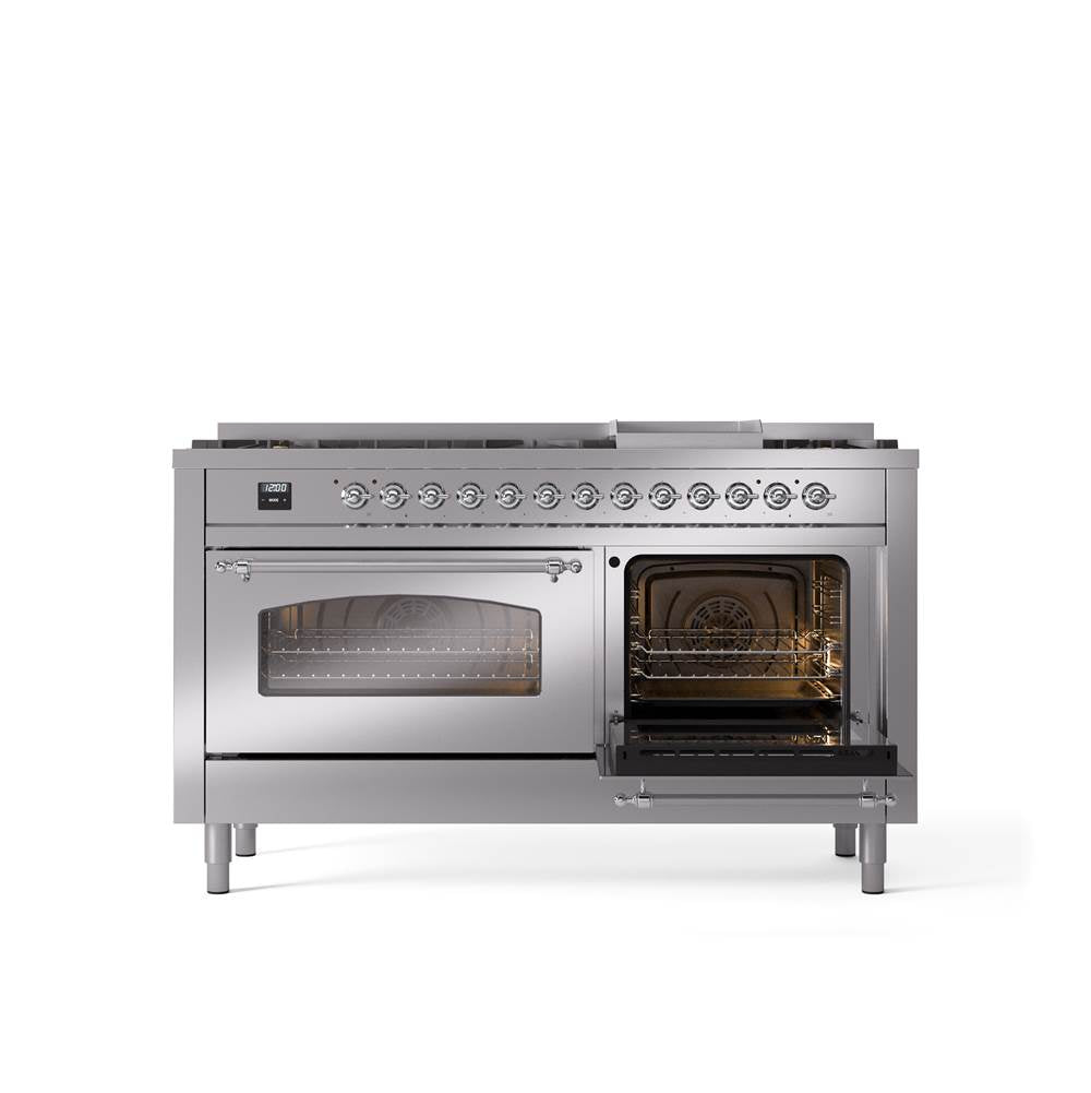 60'' Nostalgie II Series Freestanding Dual Fuel Range - Double Oven - Stainless Steel - Bronze trim - Griddle - Natural Gas