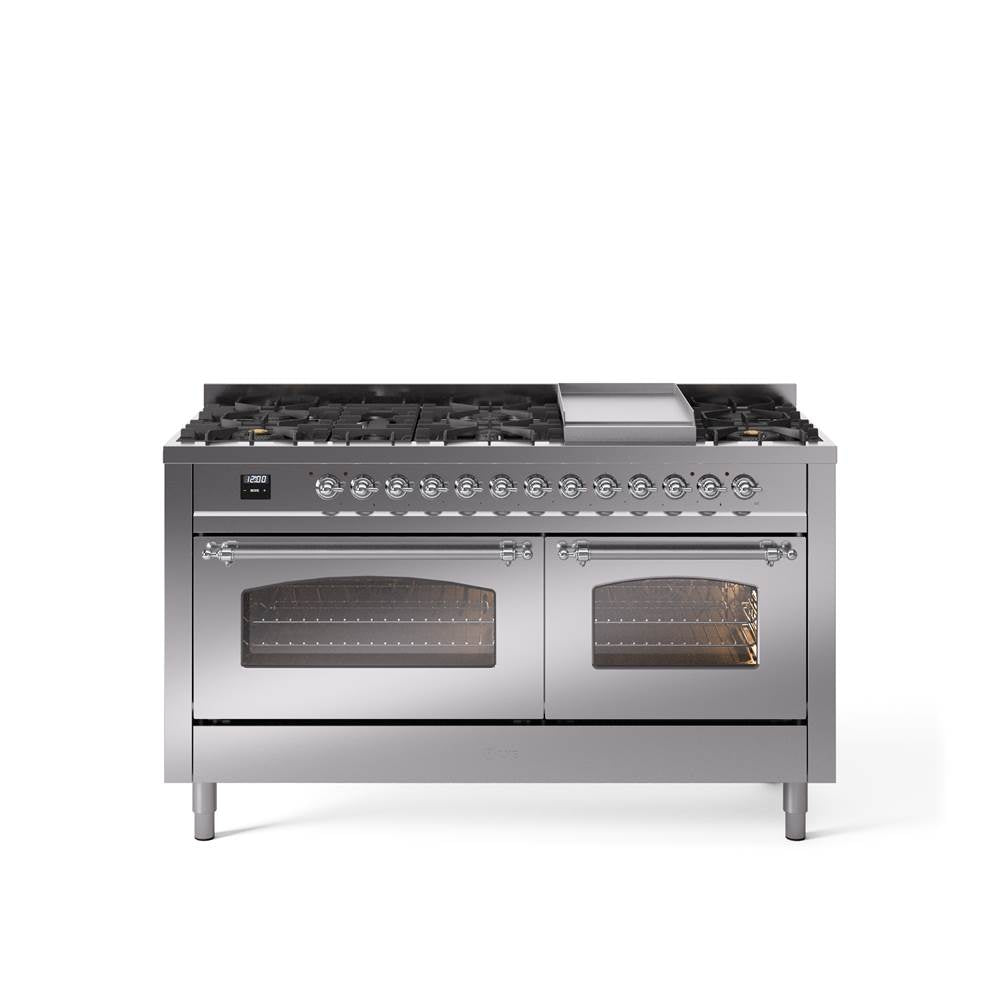 60'' Nostalgie II Series Freestanding Dual Fuel Range - Double Oven - Stainless Steel - Bronze trim - Griddle - Natural Gas