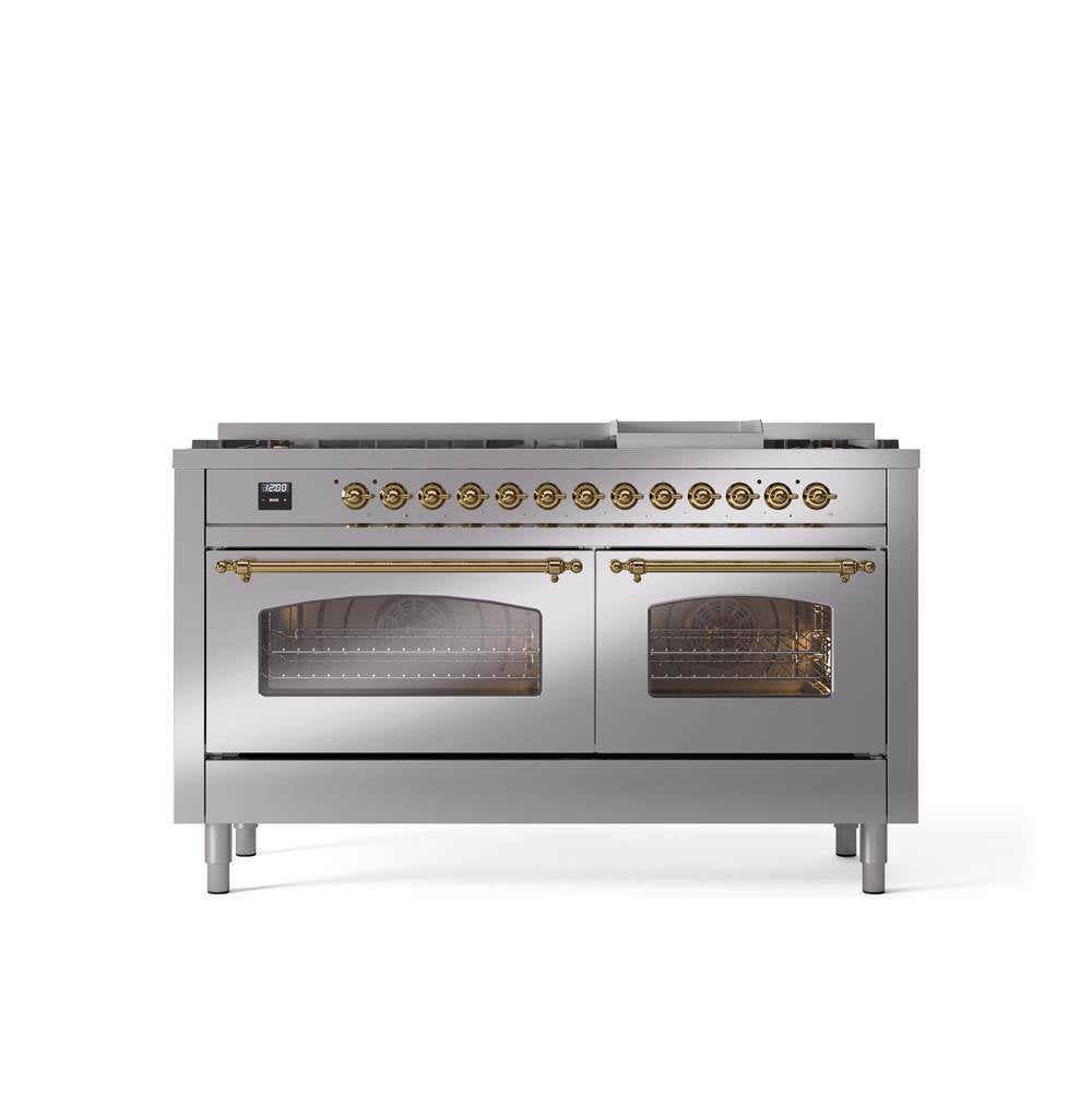 ILVE - 60'' Nostalgie II Series Freestanding Dual Fuel Range - Double Oven - Stainless Steel - Brass trim - Griddle - Natural Gas - Brass