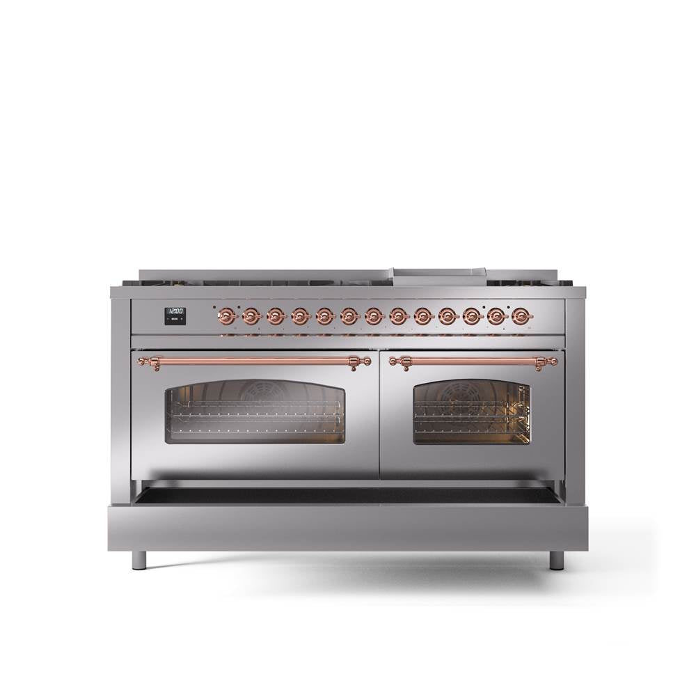 60'' Nostalgie II Series Freestanding Dual Fuel Range - Double Oven - Stainless Steel - Bronze trim - Griddle - Natural Gas