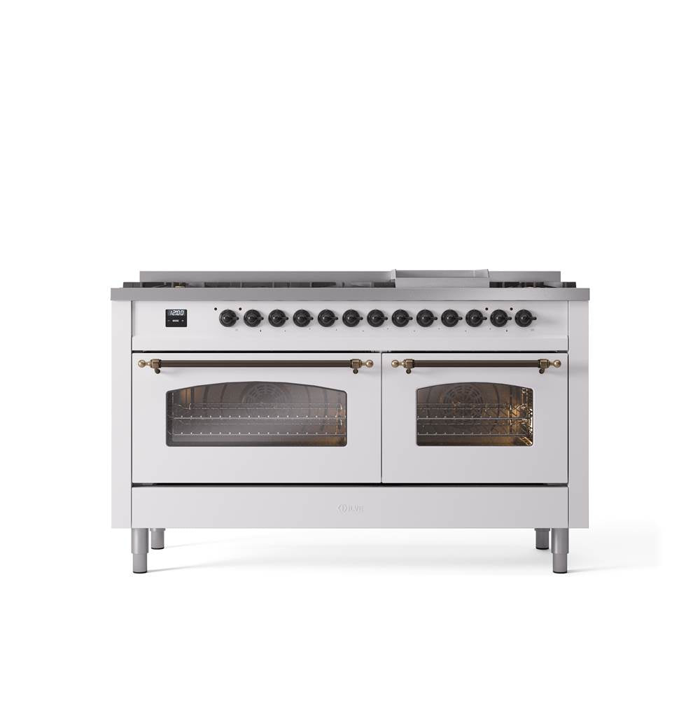 ILVE - 60'' Nostalgie II Series Freestanding Dual Fuel Range - Double Oven - White - Bronze trim - Griddle - Natural Gas - Bronze