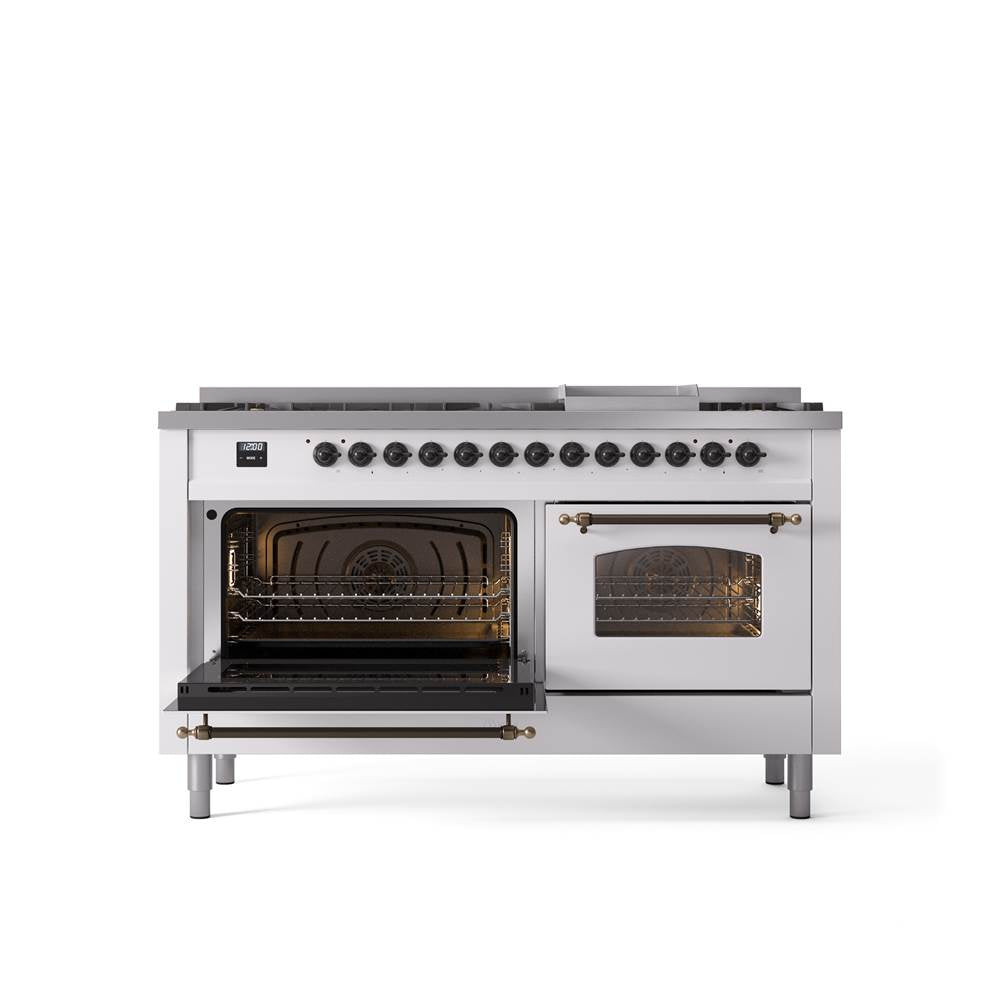 60'' Nostalgie II Series Freestanding Dual Fuel Range - Double Oven - White - Bronze trim - Griddle - Natural Gas