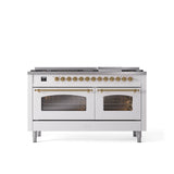 ILVE - 60'' Nostalgie II Series Freestanding Dual Fuel Range - Double Oven - White - Brass trim - Griddle - Natural Gas - Brass