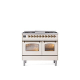 ILVE - 40'' Nostalgie II Series Freestanding Dual Fuel Range - Double Oven - Antique White - Bronze trim - Griddle - Natural Gas - Bronze