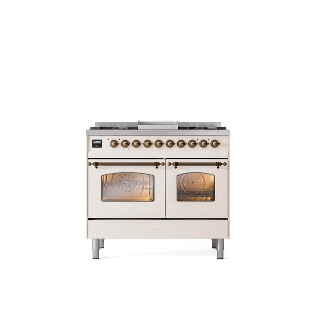 ILVE - 40'' Nostalgie II Series Freestanding Dual Fuel Range - Double Oven - Antique White - Bronze trim - Griddle - Natural Gas - Bronze