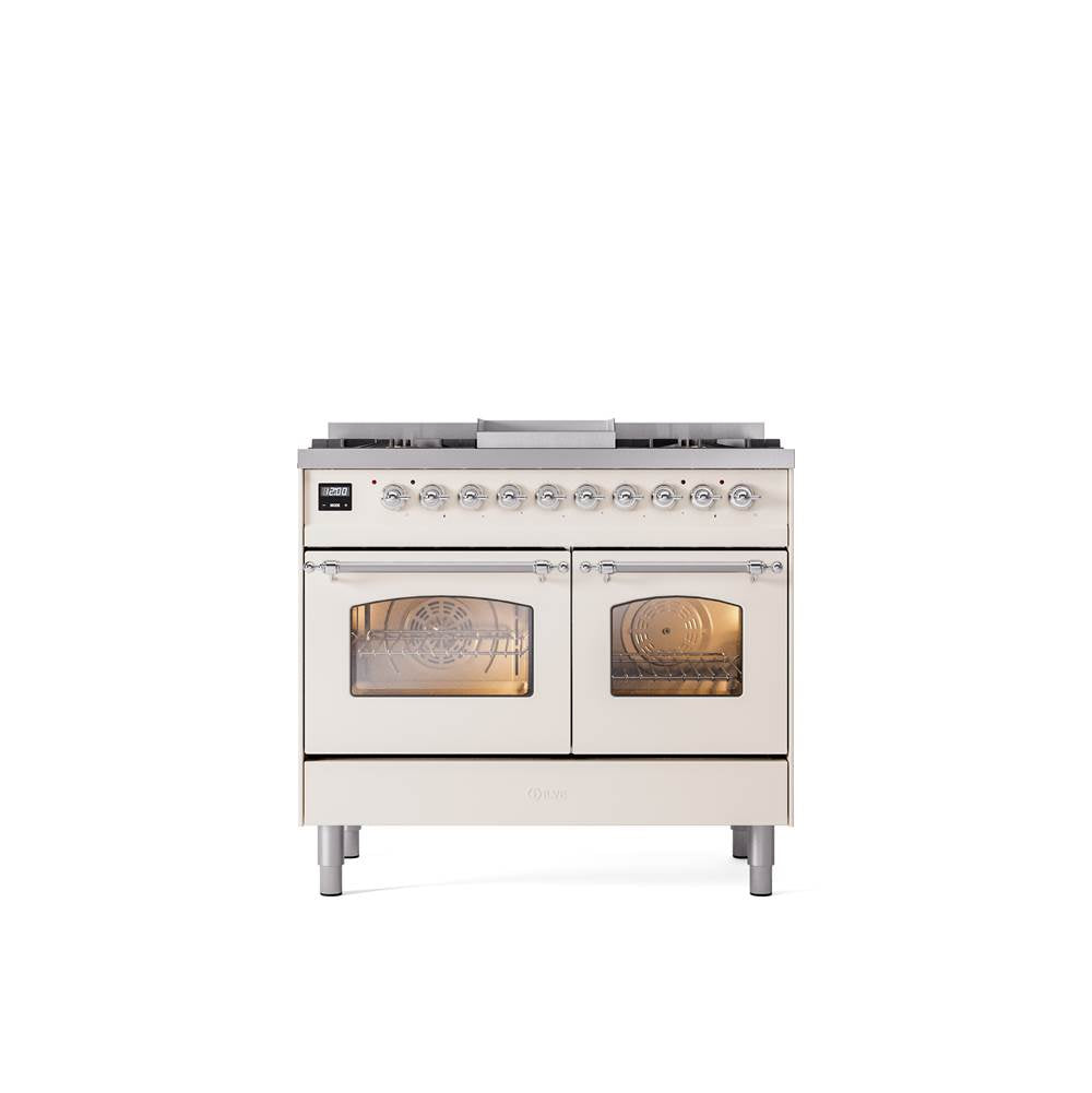 ILVE - 40'' Nostalgie II Series Freestanding Dual Fuel Range - Double Oven - Antique White - Chrome trim - Griddle - Natural Gas - Chrome