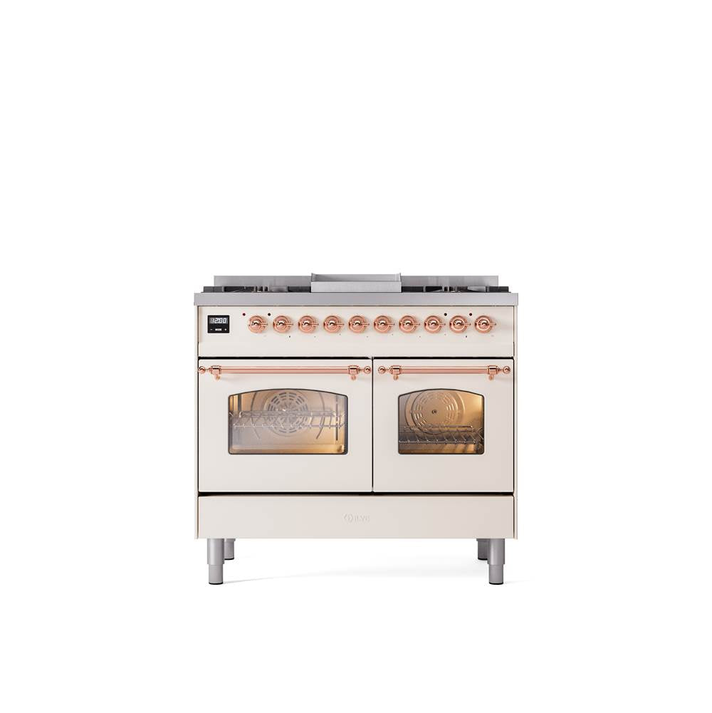 ILVE - 40'' Nostalgie II Series Freestanding Dual Fuel Range - Double Oven - Antique White - Copper trim - Griddle - Natural Gas - Copper