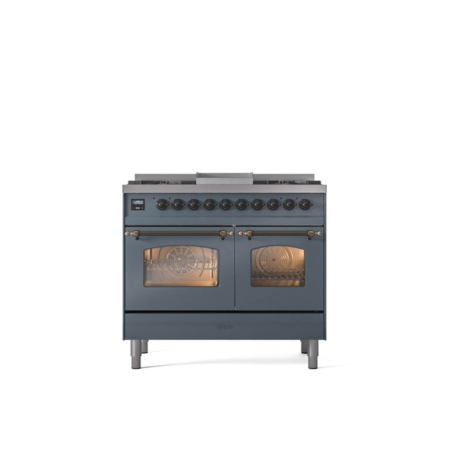 ILVE - 40'' Nostalgie II Series Freestanding Dual Fuel Range - Double Oven - Blue Grey - Bronze trim - Griddle - Natural Gas - Bronze