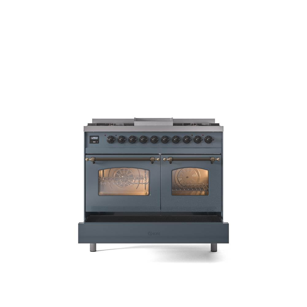 40'' Nostalgie II Series Freestanding Dual Fuel Range - Double Oven - Blue Grey - Bronze trim - Griddle - Natural Gas