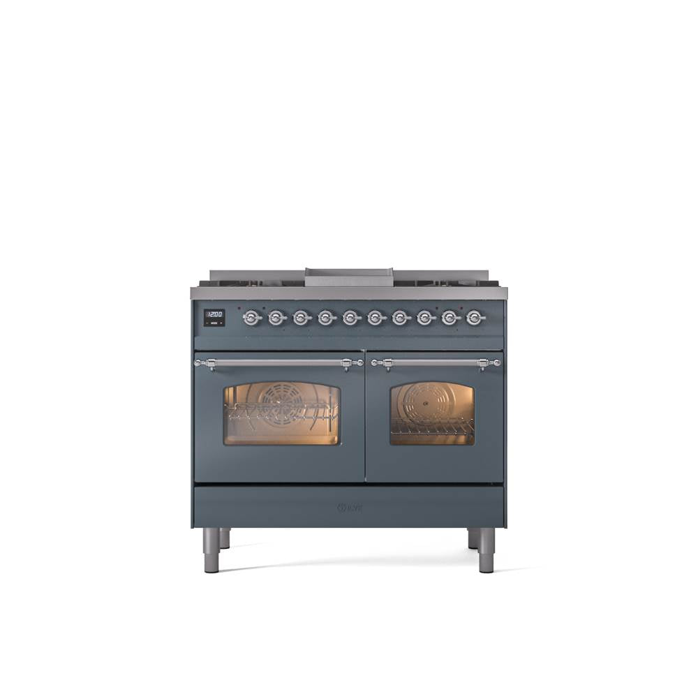 ILVE - 40'' Nostalgie II Series Freestanding Dual Fuel Range - Double Oven - Blue Grey - Chrome trim - Griddle - Natural Gas - Chrome