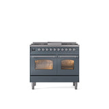 ILVE - 40'' Nostalgie II Series Freestanding Dual Fuel Range - Double Oven - Blue Grey - Chrome trim - Griddle - Natural Gas - Chrome