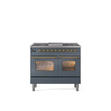 ILVE - 40'' Nostalgie II Series Freestanding Dual Fuel Range - Double Oven - Blue Grey - Brass trim - Griddle - Natural Gas - Brass